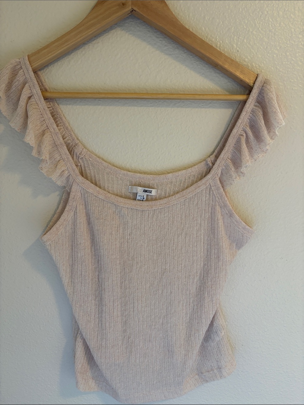 Amuse Society Cream Ribbed Ruffle Strap Tank Top